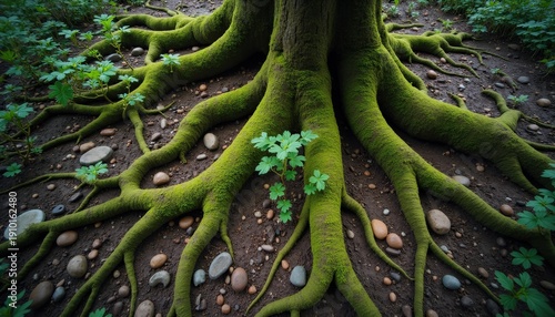 Ancient Tree Roots Covered in Vibrant Green Moss and Lush Clover Under Natural Forest Light