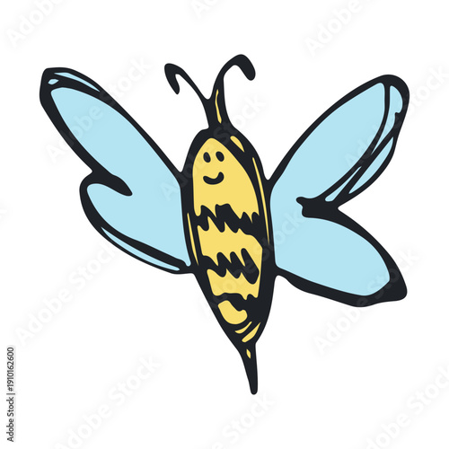 Hand drawn happy funny cute honey bee clipart Adorable flying striped insect friendly kawaii bumble bee For kids print, web, design, decor, logo
