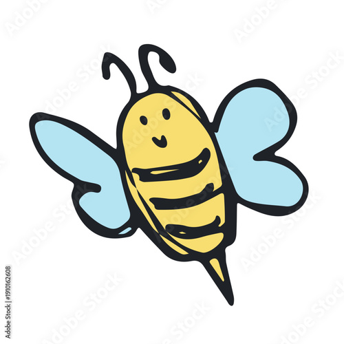 Hand drawn happy funny cute honey bee clipart Adorable flying striped insect friendly kawaii bumble bee For kids print, web, design, decor, logo