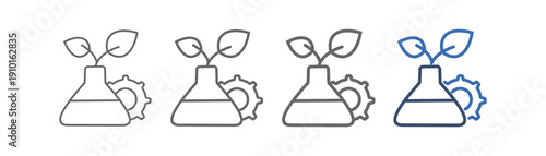 
Biotechnology outline icon set with lab glassware, leaves and gears design