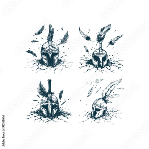 Vintage engraving style illustration of a Greek Spartan helmet with wings and a sword pierced into the ground, isolated on white background.