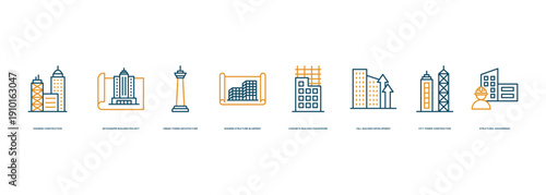 High Rise Construction Concept Banner with Modern Structure Blueprint and Concrete Building Framework Development