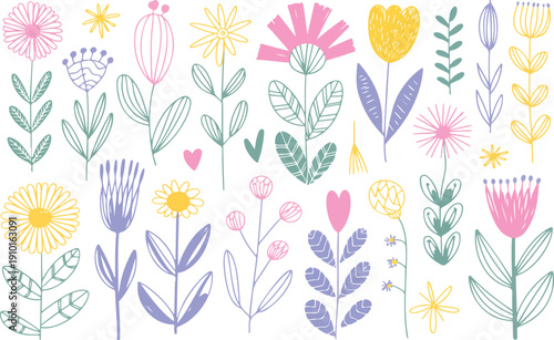 Scandinavian Floral Doodle Elements – Colorful Wreaths and Summer Botanicals