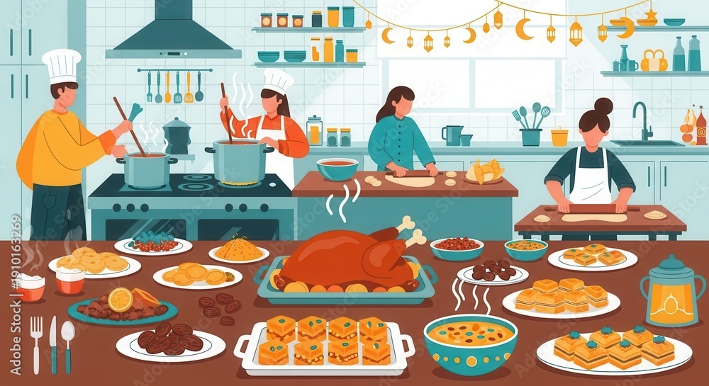 Naklejka premium Family members prepare and display a large celebratory feast inside a decorated kitchen