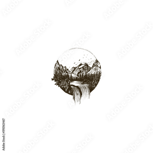 Vintage engraving style illustration of a scenic waterfall flowing from mountains and a pine forest