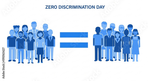 Diverse people standing equal on zero discrimination day symbolizing unity and equality with blue silhouettes on white background