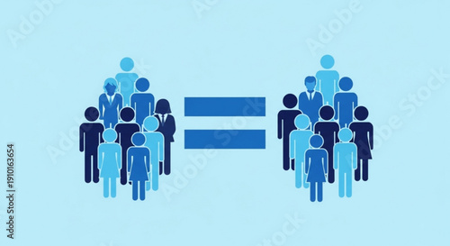 Diverse groups of people icons standing equal on both sides of an equals sign on light blue background representing equality diversity and inclusivity concepts