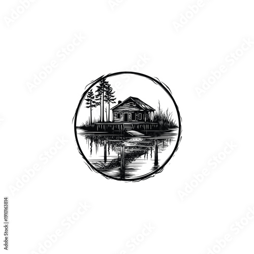 Vintage engraving style illustration of a rustic wooden cabin on a lakeshore with a long wooden pier and pine forest