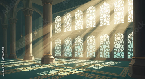 Sun rays inside Islamic mosque interior