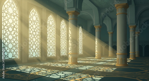 Sun rays inside Islamic mosque interior