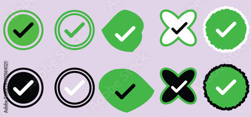 Different styles of green and black check marks and crosses on a purple background