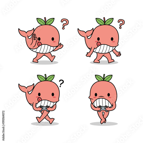 Cartoon peach character showing confusion with question marks in various poses