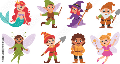 Fantasy characters illustration, fairy tale creatures, magical beings, whimsical costumes, children’s storybook art, enchanted forest, playful fairies, cute elves, charming mermaid, mythical adventure