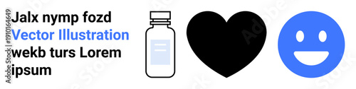 Health care, emotional well-being, happiness, love, pharmaceuticals, positive energy. Medicine bottle, heart icon and smiling face in simple design. Health care and emotional well-being concept