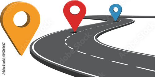 Curved Road with Navigation Geo Marks – Driving Route Illustration