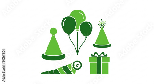 Green party icons with balloons hats gift and noisemaker on white background for celebrations