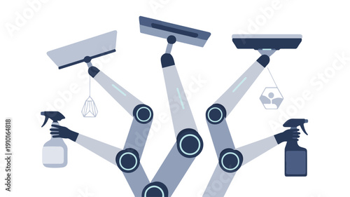 Robotic Arms with Squeegees and Sprayers Illustrating Advanced Cleaning Technology and Automation