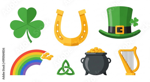 St patrick's day icons including shamrock horseshoe leprechaun hat rainbow pot of gold and celtic harp on white background