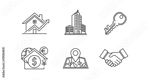 Real Estate Icons Representing Growth Investment and Location.