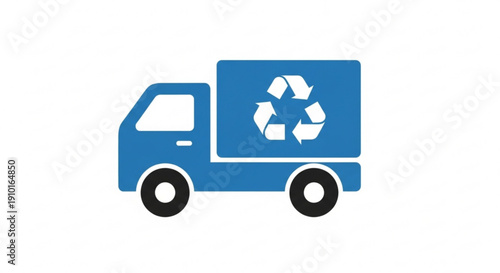 Blue recycling truck with white recycling symbol on side panel driving on clean white background for eco friendly and waste management concepts