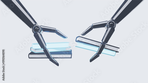Robotic arms carefully arranging a stack of books, symbolizing automation and knowledge acquisition in a minimalist vector illustration