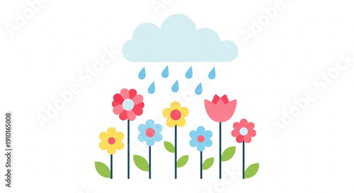 Colorful flowers with raindrops from a cloud spring weather illustration