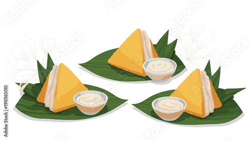 Beautiful illustration of a traditional Thai dessert, possibly Khanom Chan, served on banana leaves with a dipping sauce.