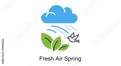Fresh air spring concept with cloud leaves and flying bird symbolizing nature and renewal in a simple illustration