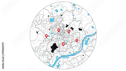 Minimalist circular city map with a grid, showcasing rivers, lakes, and several red pin-point location markers on streets.