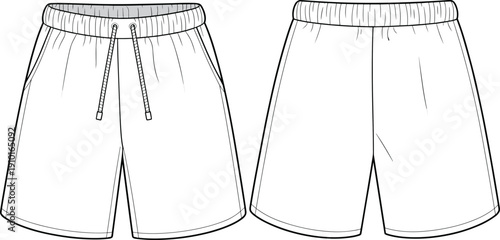 Flat vector CAD of unisex drawstring shorts with elastic waistband – front and back views