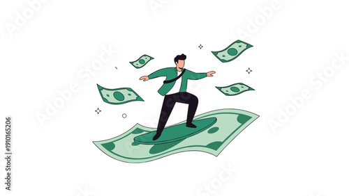 Modern flat design illustration of a man surfing on a large dollar bill with other banknotes flying around him in the air.