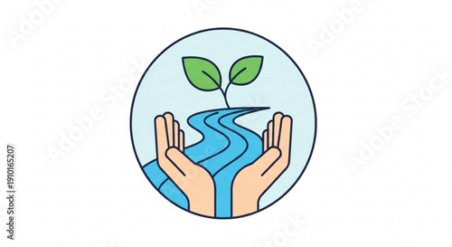 Hands cradling water with sprouting plant symbolizing conservation and eco friendly practices in a minimalist illustration