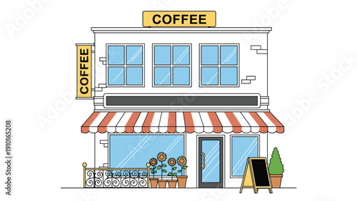 A simple line art illustration of a two-story coffee shop facade with a striped awning, signage, and potted sunflowers.