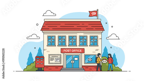 Charming post office building illustration depicts people sending mail and packages in a friendly neighborhood setting with trees and clouds.