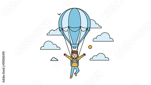 A cheerful cartoon boy with a backpack is happily parachuting down from the sky with clouds and a bird around him.