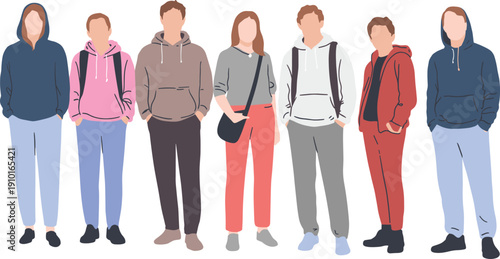 Flat vector illustration of diverse young people standing in casual hoodies and outfits, modern urban streetwear fashion design concept