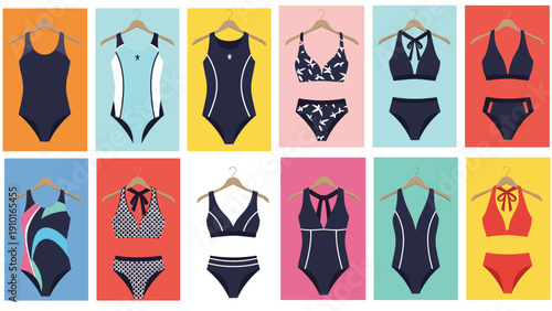 Wide selection of women's swimwear including bikinis and one-piece swimsuits are displayed on hangers against vibrant colorful backgrounds.