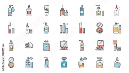 A large and diverse set of cosmetic and beauty product icons in a simple, colorful line art style on a white background.