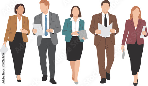 Flat vector illustration of faceless business professionals walking forward – office team in formal attire holding documents and files