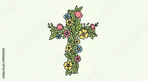 Colorful floral cross with pink yellow and blue flowers on green leaves symbolizing faith and spirituality in a decorative style