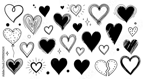 Collection of sketchy love heart illustrations in black ink for Valentine's Day.
