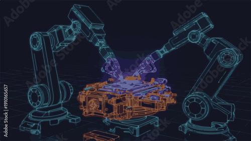 Robotic arms assembling an engine in a futuristic digital illustration with intricate details and a blue background