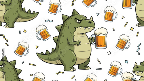 A fun and quirky seamless pattern featuring a grumpy cartoon dinosaur holding a mug of beer, with confetti in the background.