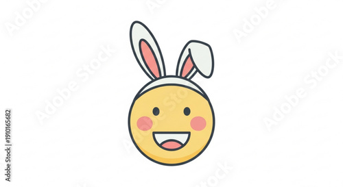 Smiling yellow emoticon face with bunny ears on head rosy cheeks and happy expression on white background