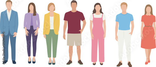 Flat vector illustration of faceless people in casual and business outfits standing side-by-side – diverse group character design