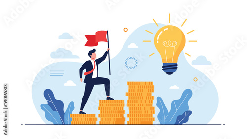 Ambitious businessman holding a flag climbs stacks of coins towards a large lightbulb, symbolizing financial goals and ideas.