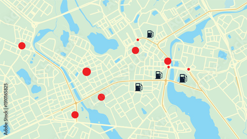 A simplified city map showing roads, a river, and locations of gas stations and other points of interest with markers.