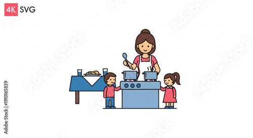 Mother and children cooking together in kitchen with stove and table