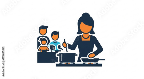 Woman cooking with family gathered around kitchen island illustrating domestic life and meal preparation