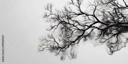 Stark, bare branches resembling smoke or mist against a light background